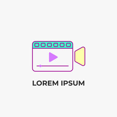 Bright minimalist video player and camera icon in modern flat style, featuring bold neon colors and clean outlines. Perfect for media apps, creative studio visuals