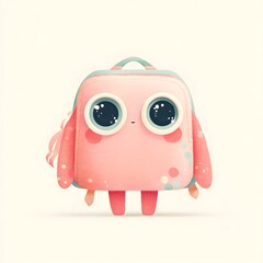 Cartoon character with a pink backpack and blue eyes. The character is smiling and has a happy expression