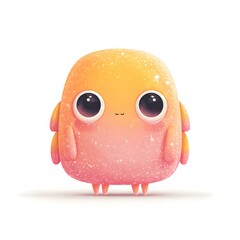 Cartoonish creature with a pink and yellow body and a white background. The creature has a big smile and is looking at the camera