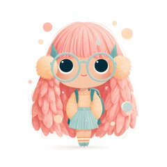 Cartoon girl with pink hair and glasses is wearing a blue skirt and a jacket. She is holding a backpack and she is walking