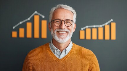 Elderly couple smiling with floating pension graphs, retirement fund planning
