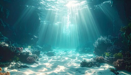 Sunlight streams through clear water, illuminating a sandy seabed with coral formations along the sides