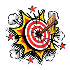 Arrow hits to center of target, achieving business goal metaphor. Vector in comic style on transparent background