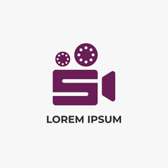 Bold minimalist film camera icon in modern purple tones, featuring clean geometric shapes and reel details. Ideal for media branding, logos, apps