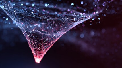 futuristic polygonal funnel illustrating data flow analysis and conversion within digital marketing abstract geometric mesh visualizes modern tech strategy network structure processing