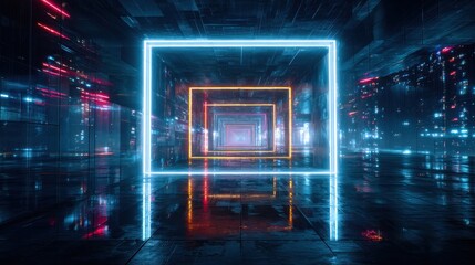 neon tunnel vision cyberpunk lights in a dark future glowing corridor scifi reflections abstract techscape