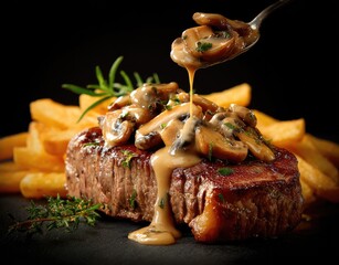 Tasty steak with mushroom sauce, served with fries and herbs on a dark surface