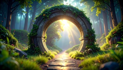Sunlit stone archway covered in vines and flowers in a forest, creating a magical portal