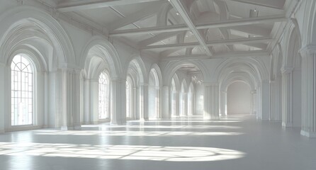 Bright, airy hall with arched windows and columns, bathed in sunlight. Exposed beam ceiling adds visual interest