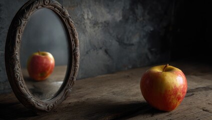 Red apple beside a framed oval mirror reflecting another apple, on rustic wooden surface and mottled grey backdrop
