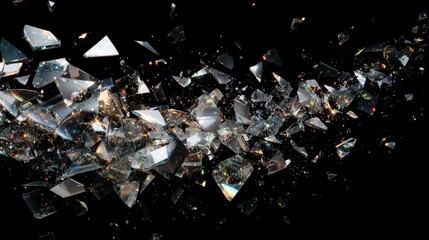 abstract composition of shattered glass fragments floating in midair with light reflections creating dynamic fragmented patterns on black background