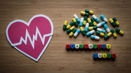 heart symbol and pills with healthcare costs text