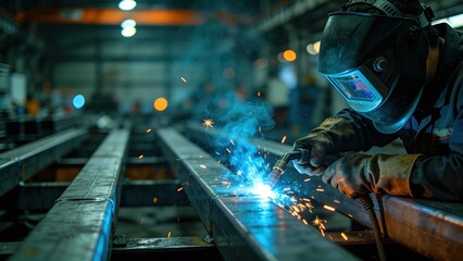 Industrial welder in protective gear working on long steel beam, bright blue welding arc and orange sparks illuminating dark modern metal fabrication factory workshop interior.