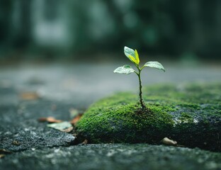 Tiny green sprout emerges from mossy stone, blurred background of foliage