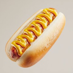 Classic hotdog piled high with wiggly yellow mustard in a soft bun on neutral background