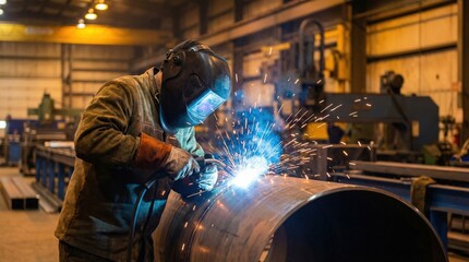 Industrial welder in protective gear working on large metal pipe, bright blue welding arc and orange sparks illuminating modern factory workshop interior.