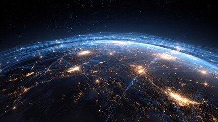Obraz premium a glowing earth view with city lights and connecting lines in blue