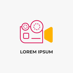 A modern, minimalist, lineart style video camera logo in pink and yellow. Perfect for video production branding