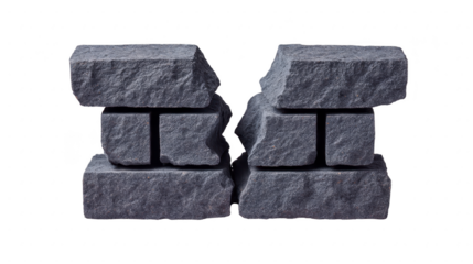 Broken stone wall cracked gray masonry rough texture isolated on transparent background symbolizing destruction separation and strength suitable for construction or architecture concepts