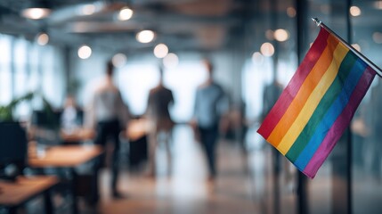 Fototapeta premium business office with blurred people in casual attire rainbow pride flag waving with blurred bokeh background symbolizing pride month and diversity generative ai