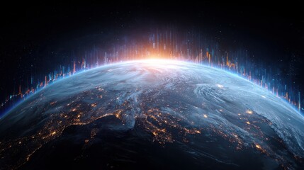 double exposure planet earth overlay with glowing stock market lines and global connection data worldwide business network