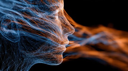 abstract digital face profile glowing blue orange lines data network