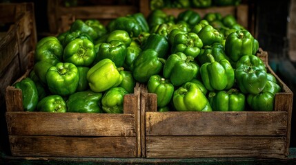 fresh green bell peppers stacked in a wooden crate showcasing vibrant colors and textures highlighting the natural produce in a market setting with a rustic ambiance