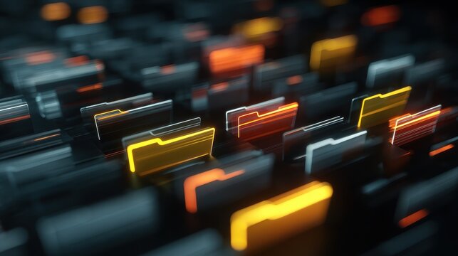 abstract data structure with connected digital folders on a dark surface concept for database management information technology and cloud storage solutions - Powered by Adobe