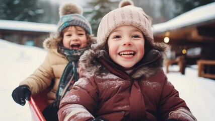 Two children are riding a sled in the snow. One of them is wearing a red jacket. They are both smiling and laughing - Powered by Adobe