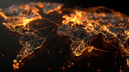 global digital communication and data transfer visualized by glowing orange network connections spanning continents on a detailed illuminated world map background