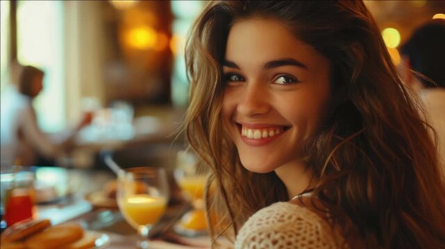 A young woman is smiling while sitting at a restaurant table with food and drinks.