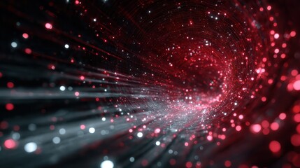 traversing a glowing digital data tunnel with flying particles