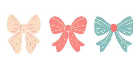 Vector set of pastel hand-drawn bows of different shapes and styles. Cute decorative ribbon illustrations, for stickers, packaging design, scrapbooking, greeting cards, feminine branding.