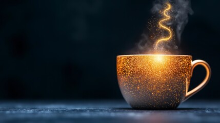 A glowing, sparkling cup emits steam against a dark background, creating a warm and inviting atmosphere.