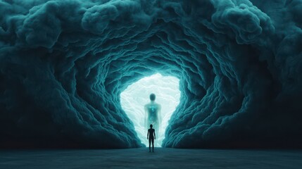 A surreal scene depicting a figure standing before a glowing portal amidst swirling clouds, suggesting a journey or transformation.