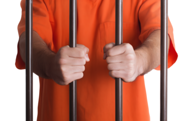 Man in orange jumpsuit gripping prison bars shows confinement, justice system imagery and the struggle for freedom, reform, and hope behind bars