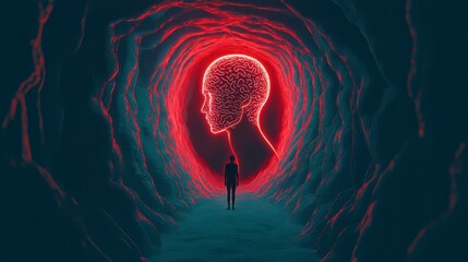 A surreal scene depicting a figure standing in a tunnel, facing a glowing head with a brain design, symbolizing introspection and mental exploration.