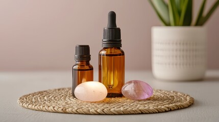 A serene arrangement of essential oil bottles and crystals on a textured mat, complemented by a small green plant in the background.