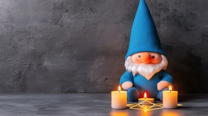 A whimsical blue gnome sits on a table surrounded by candles, creating a cozy and enchanting atmosphere.