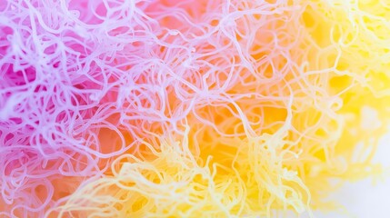 A vibrant, abstract close-up featuring intertwining strands of colorful material in shades of pink, yellow, and orange, creating a dynamic visual texture.