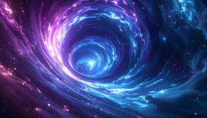 Swirling nebula tunnel of pink, blue, and white. Faint stars add to the cosmic atmosphere in a vast, dreamy space