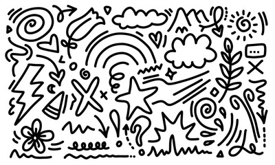 Cute decorative element icons set of stars, arrows, and clouds. Hand-drawn sketches with cute star, heart, and flower elements. Scribble shape icons with line text decoration.