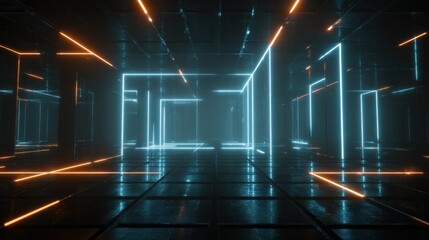 a dark futuristic grid with glowing neon lines creating a sense of depth and perspective in a cyberpunk style