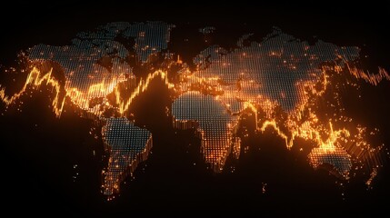 glowing digital world map with pixelated continents overlaid by orange fluctuating stock lines and data points a dynamic and tense global market visualization