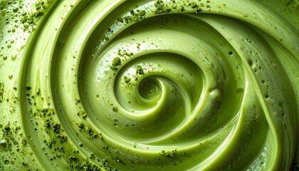 Swirling green matcha mixture, a close-up with textured surface and center spiral, sprinkled with matcha powder