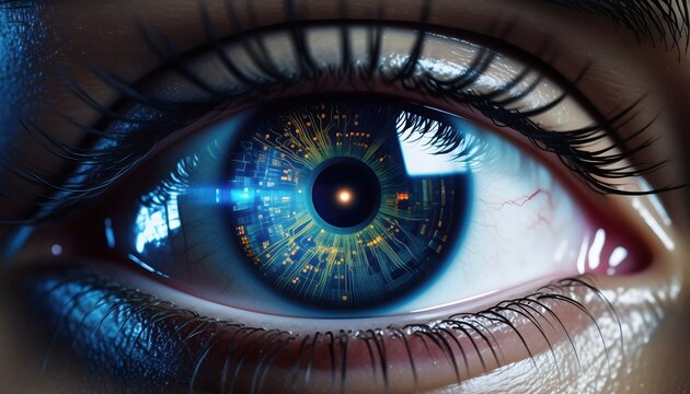 Glowing digital structures forming inside human eye high resolution photo - Powered by Adobe