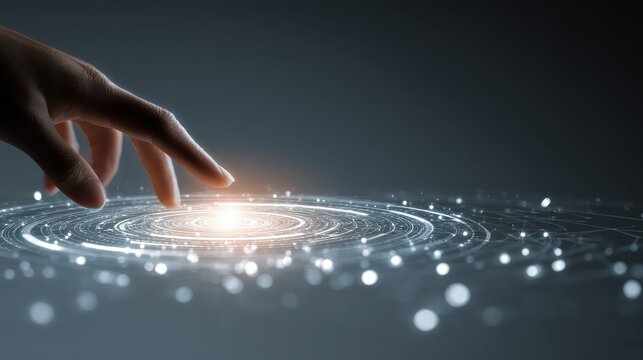 a hand reaching out to touch a glowing circular design symbolizing human resources and technology integration hr ai super agents