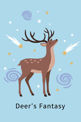 Majestic deer with large antlers looking up at the sky surrounded by shooting stars and swirling nebula in a blue fantasy vector illustration.