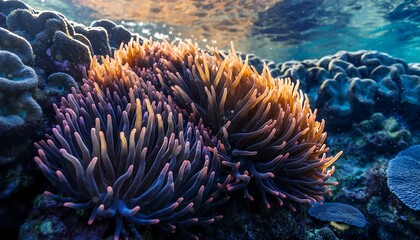 Underwater view of sea anemone; colorful tentacles & corals, sunlit blue water above