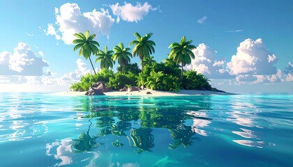Tropical island scene palm trees, sandy beach, clear water, and bright blue sky with fluffy clouds